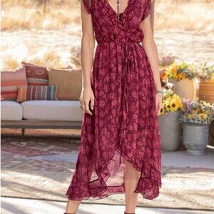 Sundance Burgundy Floral High-Low Wrap Dress (Large) -